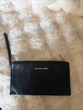 Michael Kors Black Leather Wristlet Clutch with Gold Logo